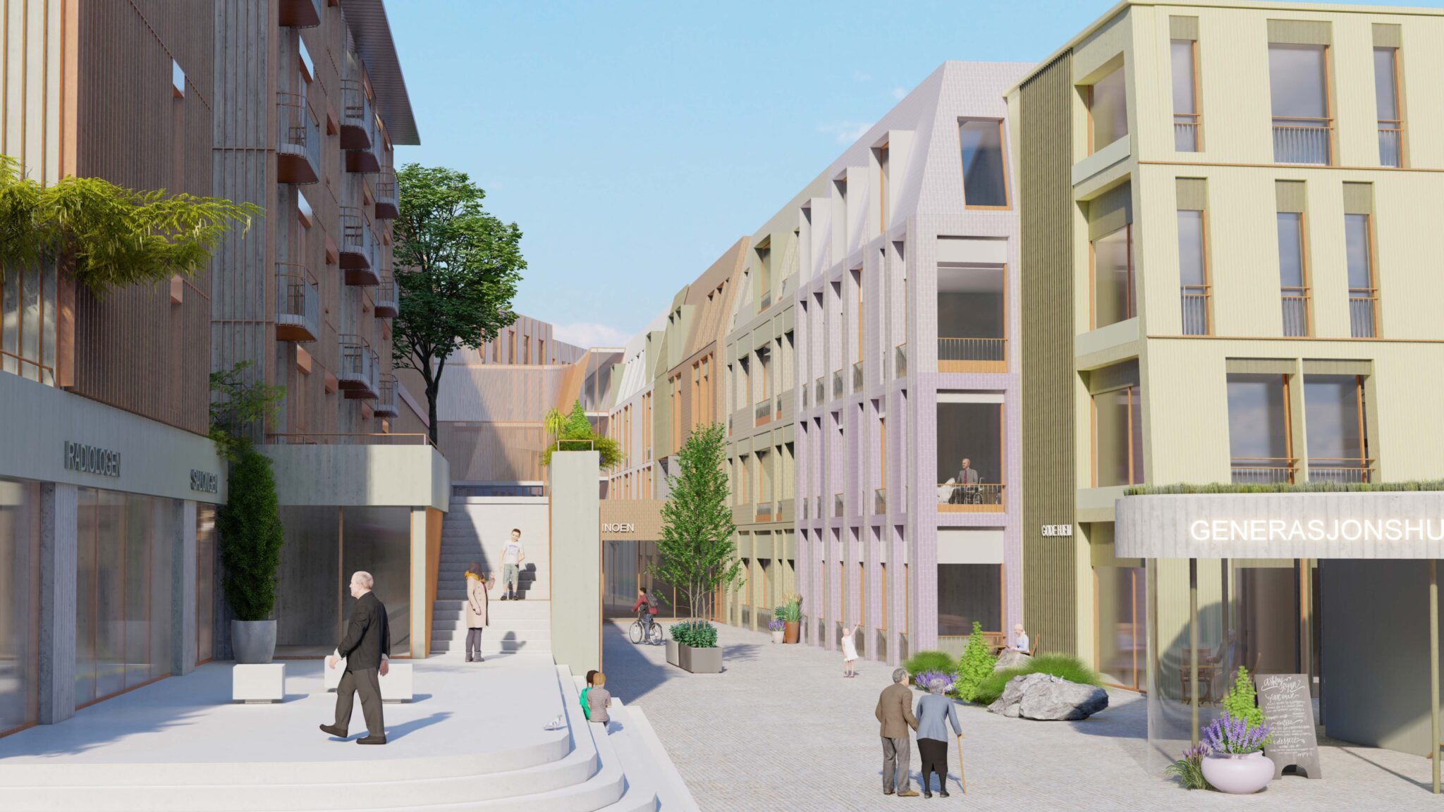 Illustrasjon av moderne bygg som danner en slags gate. Det står generasjonshuset på det ene huset og radiologi på det andre. Mennesker går i gaten mellom byggene.
