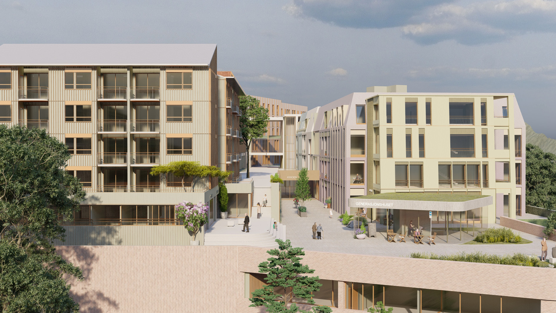 Illustrasjoner av en nye moderne bygninger som ser ut som en bygate. Det står generasjonshuset på det nærmeste huset.