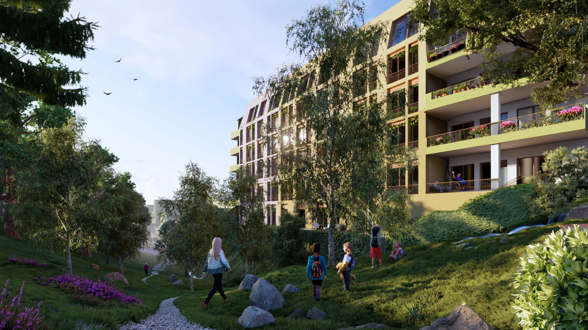 Illustrasjon som viser et nytt sykehjem med 5 etasjer. Fra en veranda sitter en dame i rullestol og vinker til de som er i parken utenfor,