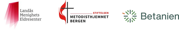 Logoer fra tre organisasjoner som styrker eldreomsorg: Landås Menighets Eldresenter med en rød form, Metodisthjemmet Bergen med et kors og en flamme, og Betanien med et sirkelrundt grønt symbol og linjer.