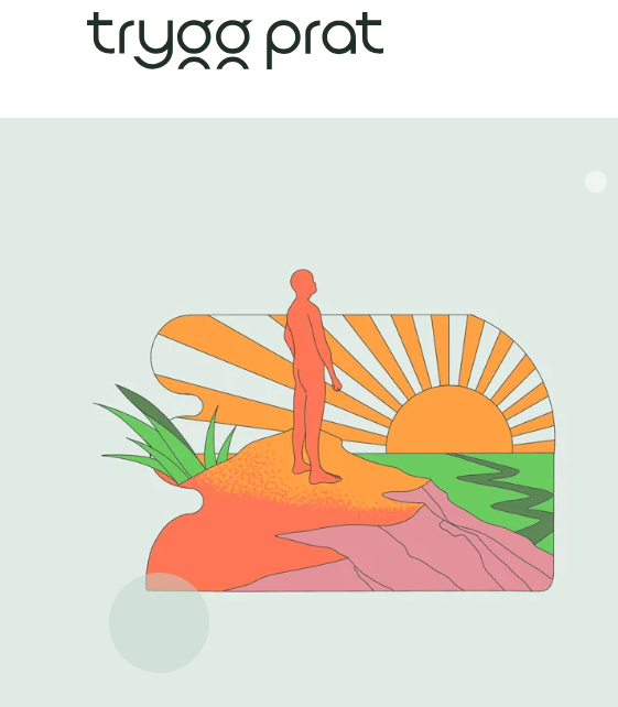 Illustrasjon av en person som står på en høyde med soloppgang i bakgrunnen, stiliserte landskapselementer og teksten "Tryggprat.no" over.