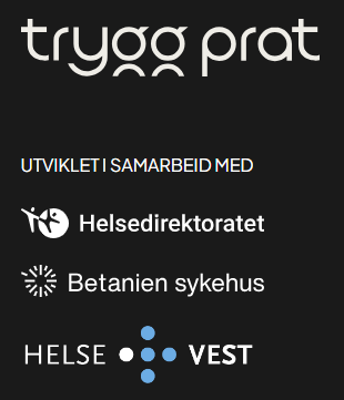 Logo og tekst som angir Tryggprat.no med budskapet Utviklet i samarbeid med Helsedirektoratet, Betanien sykehus og Helse Vest, med fokus på skadelig seksuell atferd, på svart bakgrunn.