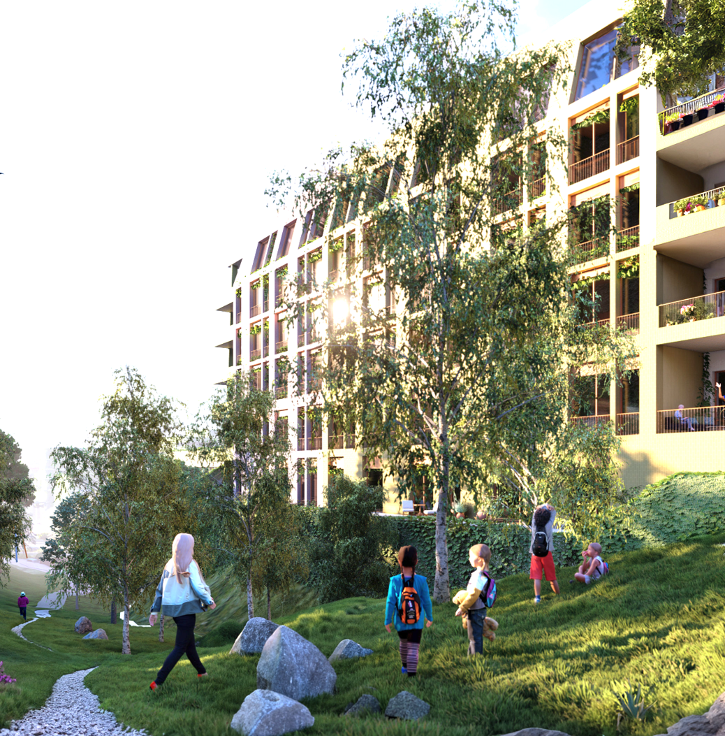 Barn med ryggsekker går og leker på en gresslette nær steiner og trær foran en moderne boligblokk i sollys, som er en del av et levende nabolag i Bergen kommunes eldreplan nær Betanien.