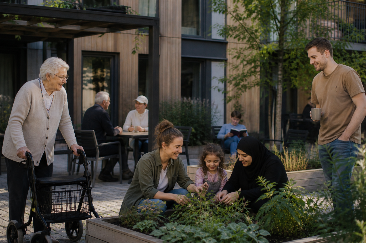 En gruppe mennesker i ulike aldre samles rundt et opphøyet bed for å stelle planter under et frokostmøte, mens andre sitter og snakker i bakgrunnen av en utendørs gårdsplass.